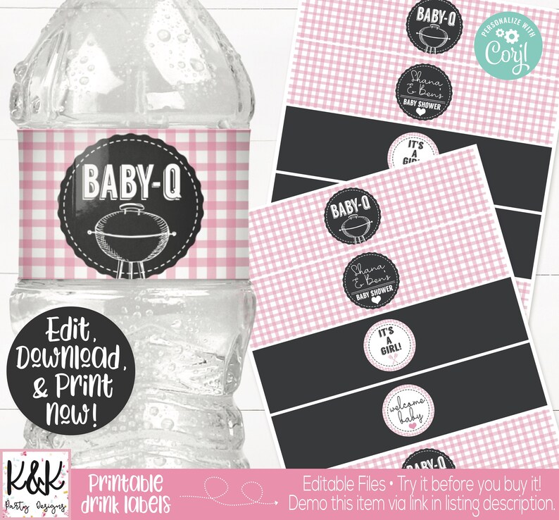 May include: Printable water bottle labels with a pink and white gingham pattern. The labels feature a black and white illustration of a grill and the text "BABY-Q". The labels also include the text "Shana & Ben's Baby Shower" and "It's a Girl!"