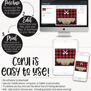 May include: A computer screen displaying a red and black plaid design with the text "Thank you! It was shore fun with you here!" and the name "Dillon". The screen is showing a design template for a printable party favor tag. The text "Corjl is easy to use!" is displayed below the screen.