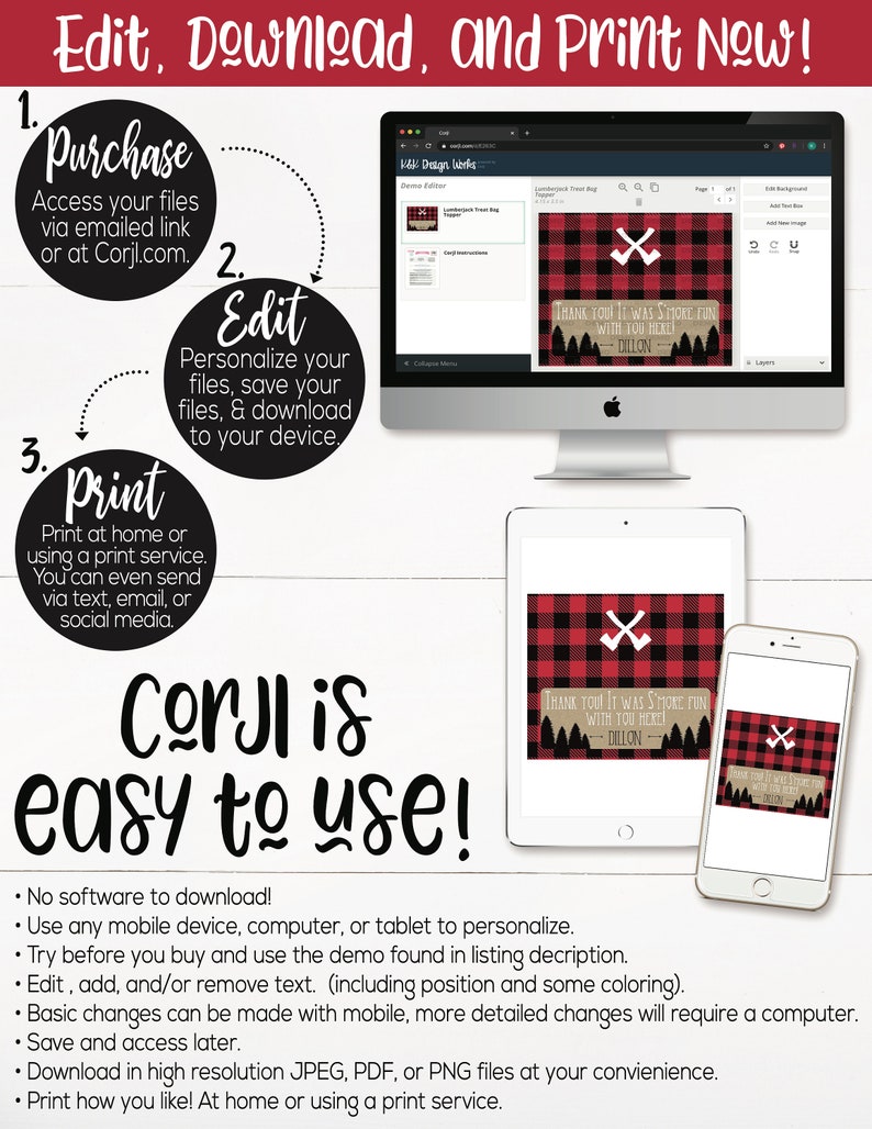 May include: A computer screen displaying a red and black plaid design with the text "Thank you! It was shore fun with you here!" and the name "Dillon". The screen is showing a design template for a printable party favor tag. The text "Corjl is easy to use!" is displayed below the screen.