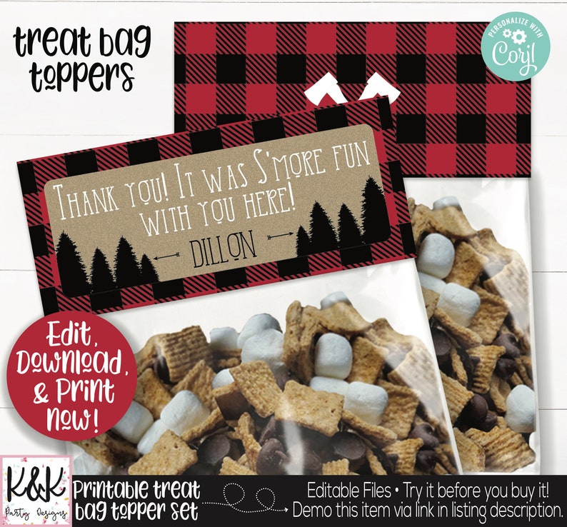 May include: Printable treat bag topper set with a red and black buffalo plaid pattern. The topper says "Thank you! It was s'more fun with you here! Dillon".