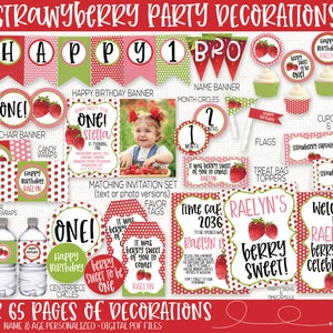 Strawberry Birthday Party Decorations, Strawberry Birthday Invitation, Berry Sweet, Printable, Shortcake, Girl 1st Birthday, First Birthday