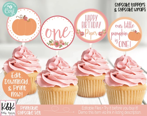 Pumpkin Cupcake Toppers, Pumpkin Birthday Party Decorations, Our Little Pumpkin, First Birthday, 1st Birthday, Girl Birthday, Fall Birthday Il_570xn