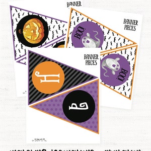 May include: Printable Halloween banner with purple, orange, and black triangle pennants. The pennants feature a pumpkin, ghost, and the words "Boo!" and "Happy Halloween".