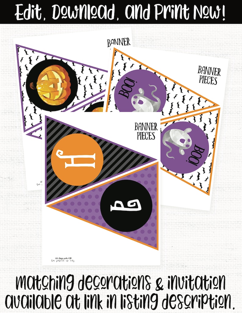 May include: Printable Halloween banner with purple, orange, and black triangle pennants. The pennants feature a pumpkin, ghost, and the words "Boo!" and "Happy Halloween".