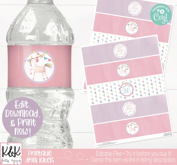 Unicorn Water Bottle Labels Unicorn Drink Labels Unicorn Etsy India