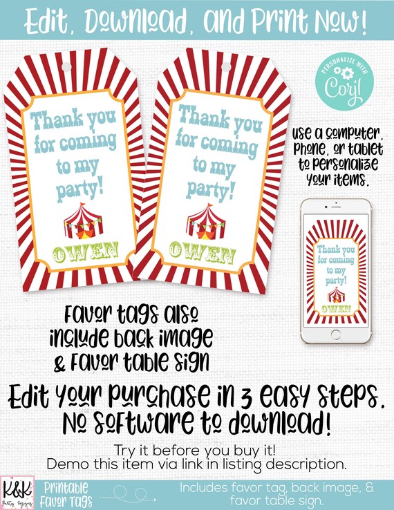 Carnival Circus Favor Tag, Carnival Circus Thank You Label, Carnival Circus Party Favor, Carnival Circus Birthday Party Favor, 1st Birthday Il_570xn
