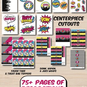 May include: A printable superhero party set with 75+ pages of decorations. The set includes favor tags, treat bag toppers, drink, napkin, and juice wraps, and centerpiece cutouts. The set is personalized with a name and age.