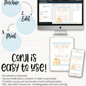 May include: A digital design template for a time capsule with a pumpkin and the text "Time Capsule 2036 Easton is 18". The template is shown on a computer screen and a tablet. The text "Corjl is easy to use!" is written in black on a light blue background.