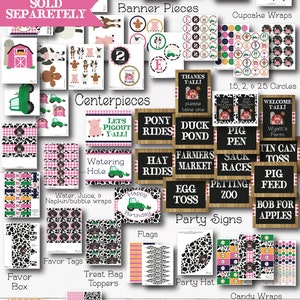 May include: A printable farm party set with over 70 pages of decorations. The set includes a banner, cupcake wrappers, centerpieces, party signs, favor tags, treat bag toppers, food labels, coordinating papers, and more. The set features a pink and black cow print design with farm animals and other farm-themed elements.