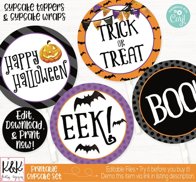 Peut inclure: Ensemble de six d&eacute;corations de cupcakes d'Halloween imprimables avec des motifs en points noirs et blancs, en chauve-souris orange et noires et en chauve-souris violettes et noires. Les d&eacute;corations pr&eacute;sentent le texte "Happy Halloween", "Trick or Treat", "Boo" et "Eek!"