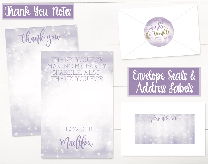 Editable Twinkle Twinkle Little Star Birthday Party Decorations and Invitation, Girls First Birthday, 1st Birthday, Gold Purple Decorations image 6