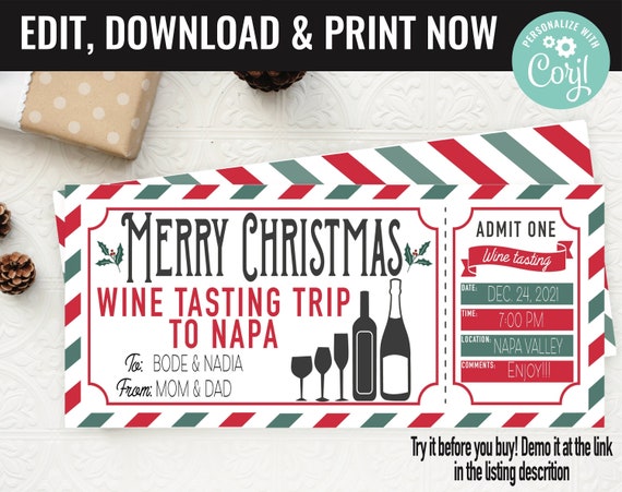 Christmas Winery Trip Ticket Surprise Gift Voucher, Wine Tasting Printable Template Gift Card, Editable Instant Download, Gift Certificate Il_570xn