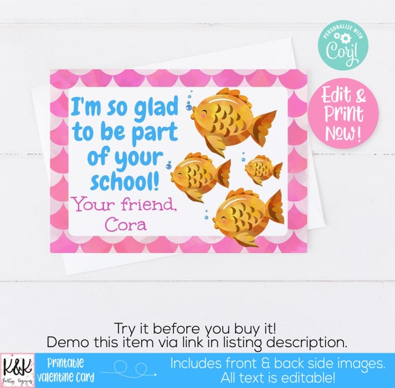 Goldfish Printable Valentine Card, Kids Valentines Day Card, School Valentine Exchange, Class Valentine, Fish Valentine, Preschool Valentine Il_570xn