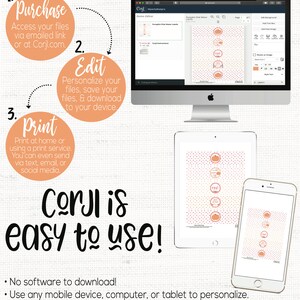 May include: A graphic showing the steps to use Corjl to create and print personalized items. The steps are: Purchase, Edit, and Print. The image shows a computer screen and a tablet with a design of pink and orange pumpkins with white polka dots. The text on the image says "Corjl is easy to use!"