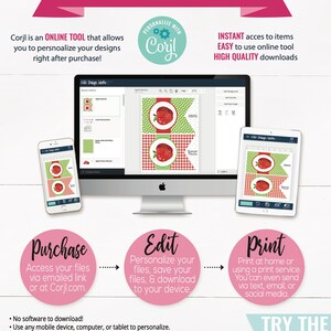 K&ouml;nnte beinhalten: Eine pinkfarbene und wei&szlig;e Grafik mit dem Text "So funktioniert's" in gro&szlig;er Schrift. Die Grafik erkl&auml;rt, wie man das Online-Tool Corjl verwendet, um digitale Designs zu personalisieren und herunterzuladen. Die Grafik enth&auml;lt einen Screenshot der Corjl-Website und einen Call-to-Action, um die kostenlose Demo auszuprobieren.