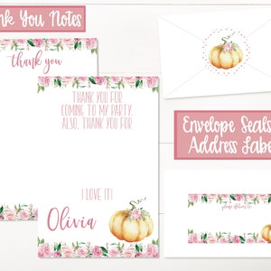 May include: Stationery set with a pumpkin and floral theme. Includes thank you notes, envelope seals, and address labels. The notes and labels feature a watercolour pumpkin design with pink roses and green leaves. Text includes "Thank You" and "Olivia".