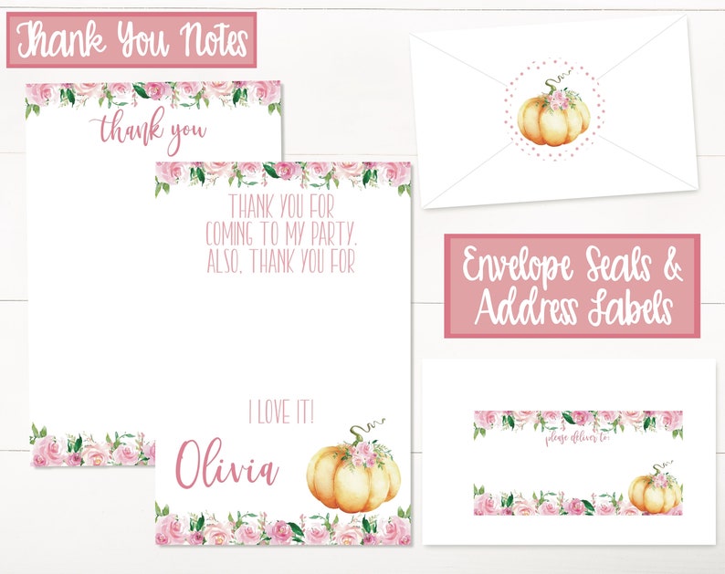 May include: Stationery set with a pumpkin and floral theme. Includes thank you notes, envelope seals, and address labels. The notes and labels feature a watercolour pumpkin design with pink roses and green leaves. Text includes "Thank You" and "Olivia".