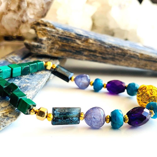 The on sale Magical Fantastic Bracelet with Indigo Kyanite, Tanzanite, Amethyst, Malachite and Blue Apatite, Talisman for the Higher Chakras
