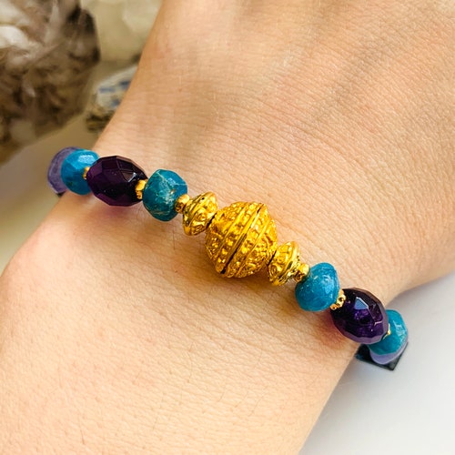 The on sale Magical Fantastic Bracelet with Indigo Kyanite, Tanzanite, Amethyst, Malachite and Blue Apatite, Talisman for the Higher Chakras