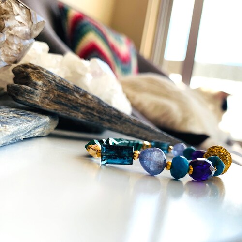 The on sale Magical Fantastic Bracelet with Indigo Kyanite, Tanzanite, Amethyst, Malachite and Blue Apatite, Talisman for the Higher Chakras