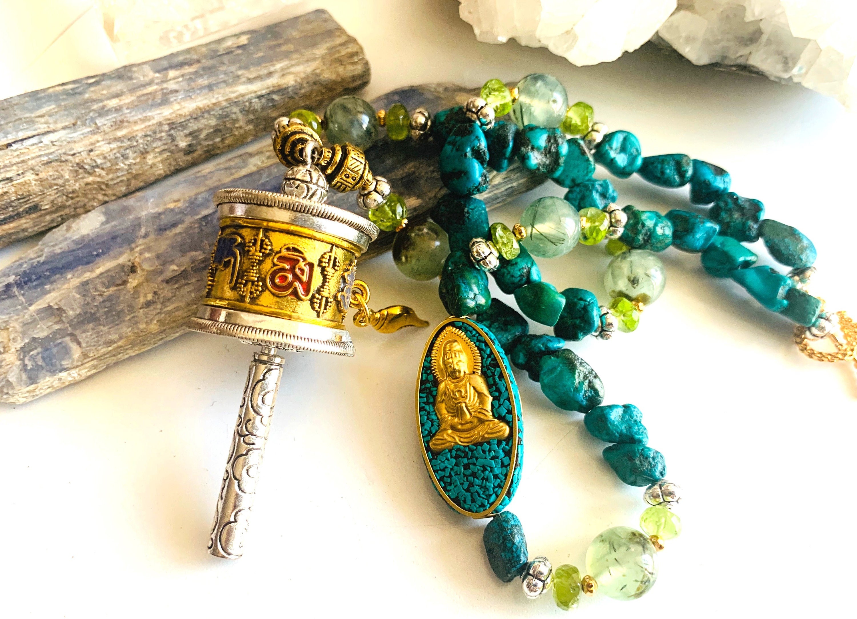 Tibetan Prayer Wheel Necklace with Turquoise Prehnite and  Etsy