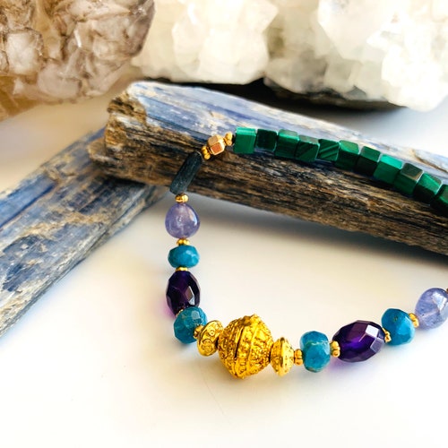 The on sale Magical Fantastic Bracelet with Indigo Kyanite, Tanzanite, Amethyst, Malachite and Blue Apatite, Talisman for the Higher Chakras
