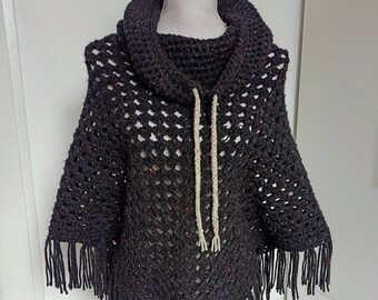 Ready-to-ship: Crocheted granny square poncho made of black tweed yarn