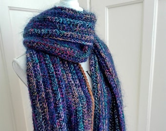 Ready-to-ship: Colourful crocheted scarf / pashmina, 'The Midnight Electricity Scarf', made of mohair & cotton, blue, rainbow, OOAK