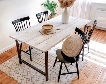 Grey Wood Dining Table Kitchen Set Solid Oak Wooden Pine Bench Chairs Space Saving White Small to 8 seater Farmhouse