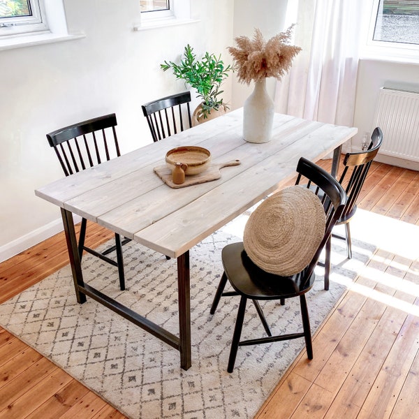 Grey Wood Dining Table Kitchen Set Solid Oak Wooden Pine Bench Chairs Space Saving White Small to 8 seater Farmhouse