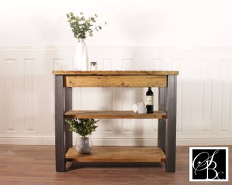 Kitchen Island Farmhouse Dining Table Butchers Block Breakfast Bar Rustic Industrial Storage Unit Solid Wood Worktop Steel Coffee Cafe