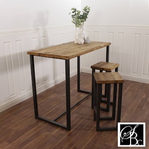 Handmade Reclaimed Wood Breakfast Bar Table Set, Rustic Industrial Kitchen Island