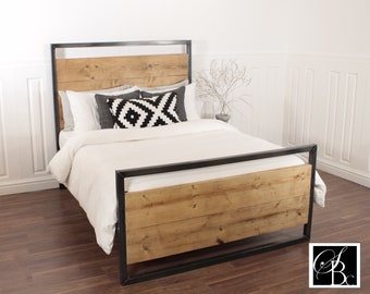 Industrial Bed King Double Single Frame Reclaimed Wood Pine All Sizes Wooden Solid Farmhouse Oak Country Metal Steel Handmade in the UK