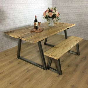 Industrial Dining Table Rustic solid wood Kitchen Bench Set farmhouse Reclaimed Restaurant Metal Bespoke Custom Handmade Britain UK A-Frame image 5