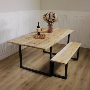 Industrial Dining Table Rustic solid Kitchen farmhouse Steel Reclaimed Chelsea Handmade Britain British Steel Rustic Wood Antique Pine (light)