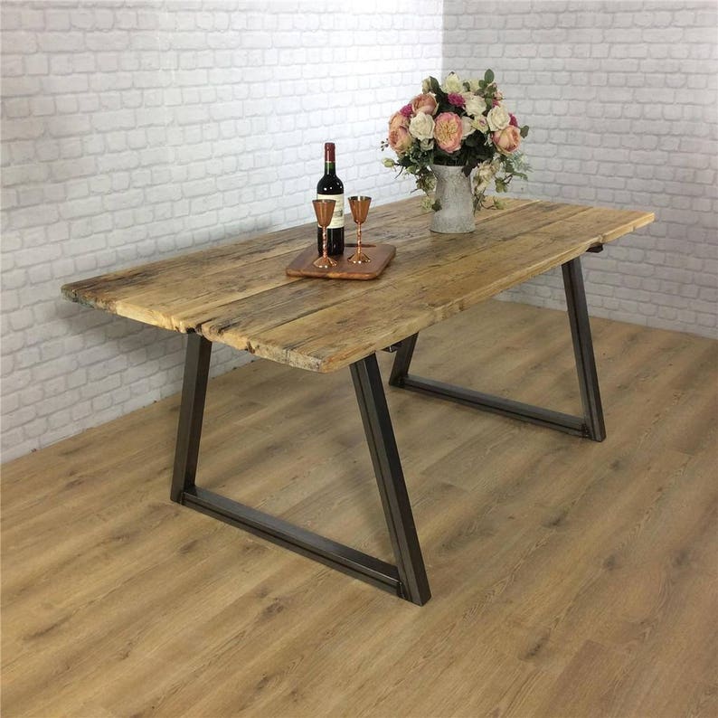 Industrial Dining Table Rustic solid wood Kitchen Bench Set farmhouse Reclaimed Restaurant Metal Bespoke Custom Handmade Britain UK A-Frame image 4