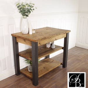 Kitchen Island Farmhouse Dining Table Butchers Block Breakfast Bar Rustic Industrial Storage Unit Solid Wood Worktop Steel Coffee Cafe image 7