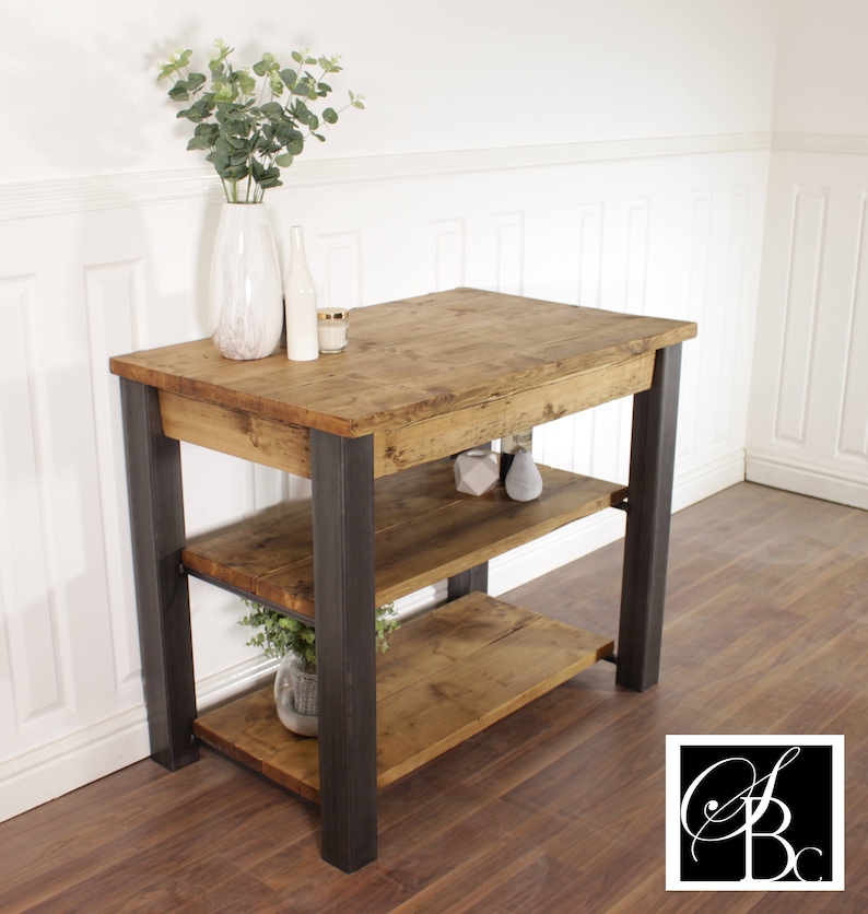 Kitchen Island Farmhouse Dining Table Butchers Block Breakfast Bar Rustic Industrial Storage Unit Solid Wood Worktop Steel Coffee Cafe image 7
