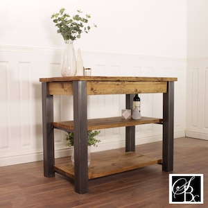 Kitchen Island Farmhouse Dining Table Butchers Block Breakfast Bar Rustic Industrial Storage Unit Solid Wood Worktop Steel Coffee Cafe image 5