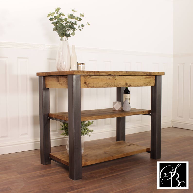 Kitchen Island Farmhouse Dining Table Butchers Block Breakfast Bar Rustic Industrial Storage Unit Solid Wood Worktop Steel Coffee Cafe image 5