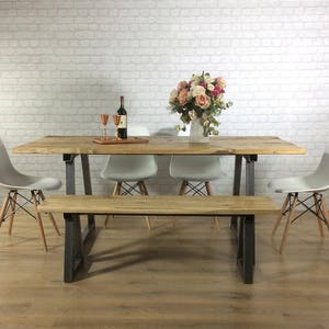 Industrial Dining Table Rustic solid wood Kitchen Bench Set farmhouse Reclaimed Restaurant Metal Bespoke Custom Handmade Britain UK A-Frame image 2