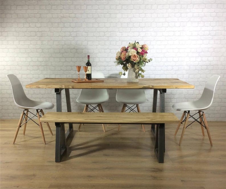 Industrial Dining Table Rustic solid wood Kitchen Bench Set farmhouse Reclaimed Restaurant Metal Bespoke Custom Handmade Britain UK A-Frame image 2