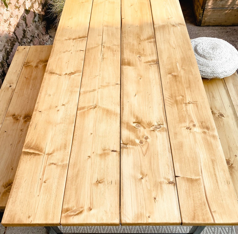 Handmade Reclaimed Wood Outdoor Dining Table Set: Steel Frame - Etsy UK