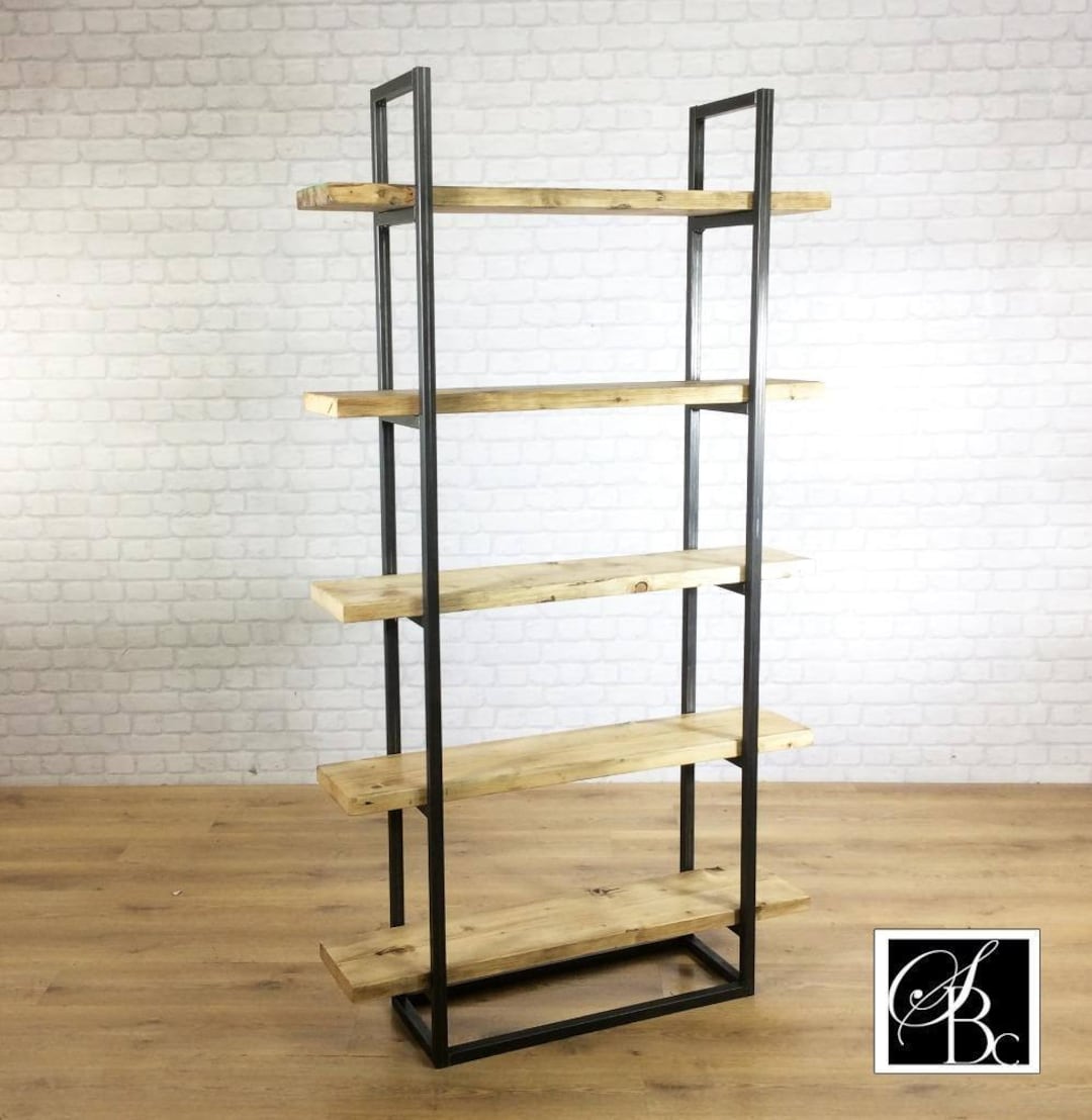Industrial Retro Bookcase Unit Vintage Metal Reclaimed Solid Wood Storage Pine Oak Metal Shelves