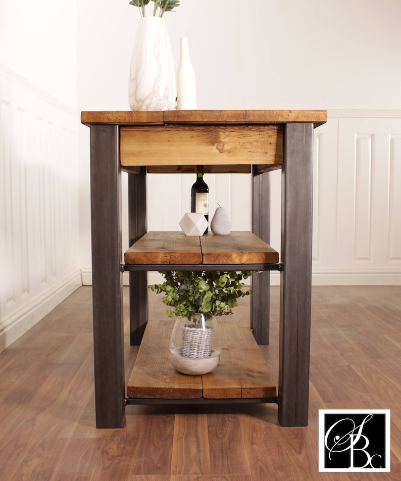 Kitchen Island Farmhouse Dining Table Butchers Block Breakfast Bar Rustic Industrial Storage Unit Solid Wood Worktop Steel Coffee Cafe image 2