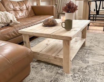 Handmade Reclaimed Wood Coffee Table UK - Rustic Solid Wood, Farmhouse Style, Storage Shelf