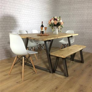 Industrial Dining Table Rustic solid wood Kitchen Bench Set farmhouse Reclaimed Restaurant Metal Bespoke Custom Handmade Britain UK A-Frame image 10