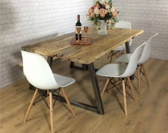 Industrial Dining Table Rustic solid wood Kitchen Bench Set farmhouse Reclaimed Restaurant Metal Bespoke Custom Handmade Britain UK A-Frame