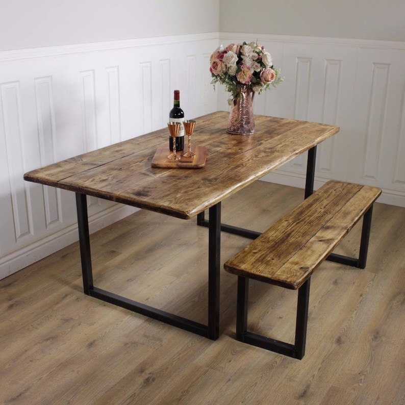 Industrial Dining Table Rustic solid Kitchen farmhouse Steel Reclaimed Chelsea Handmade Britain British Steel Rustic Wood Antique Oak (dark)