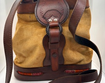 Vintage 70s Tooled Leather and Suede Tote Bag | Hippie Boho bucket bag